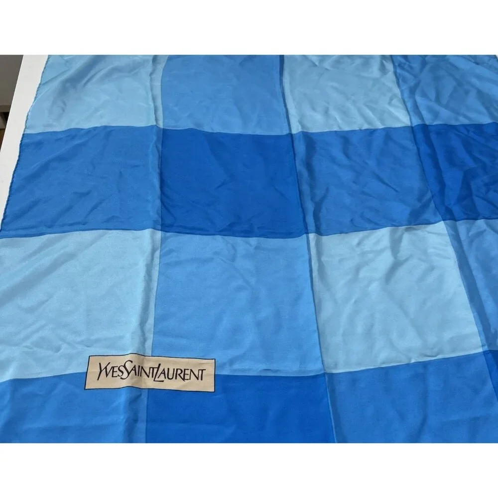 YVes St Laurent silk scarf Blue Check Deisgner Preppy quiet Luxury designer